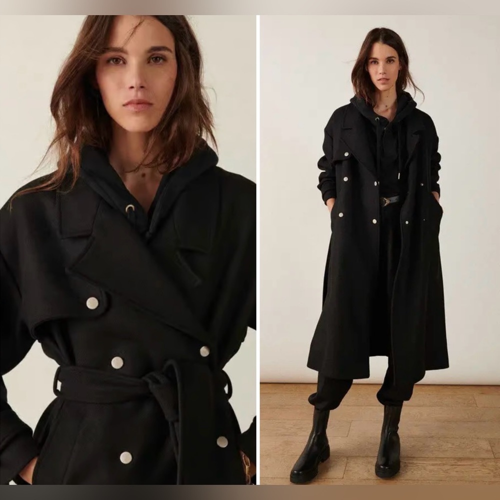 New! ba&sh Lainy Belted Wool Black Trench Coat 🖤 Small